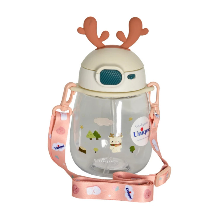 قمقمه کودک یونیک کد 1911 با گنجایش 0.6 لیتر، نیدار و بنددار، طرح گوزن فانتزی، مناسب مهدکودک و مدرسه”