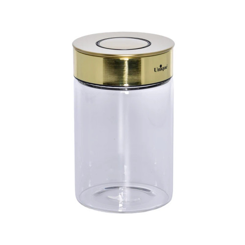 بانکه شیشهای یونیک مدل استوانهای کد UN‑1722 با درب طلایی و ارتفاع ۱۵ سانتیمتر، مناسب نگهداری قهوه و مواد خشک.