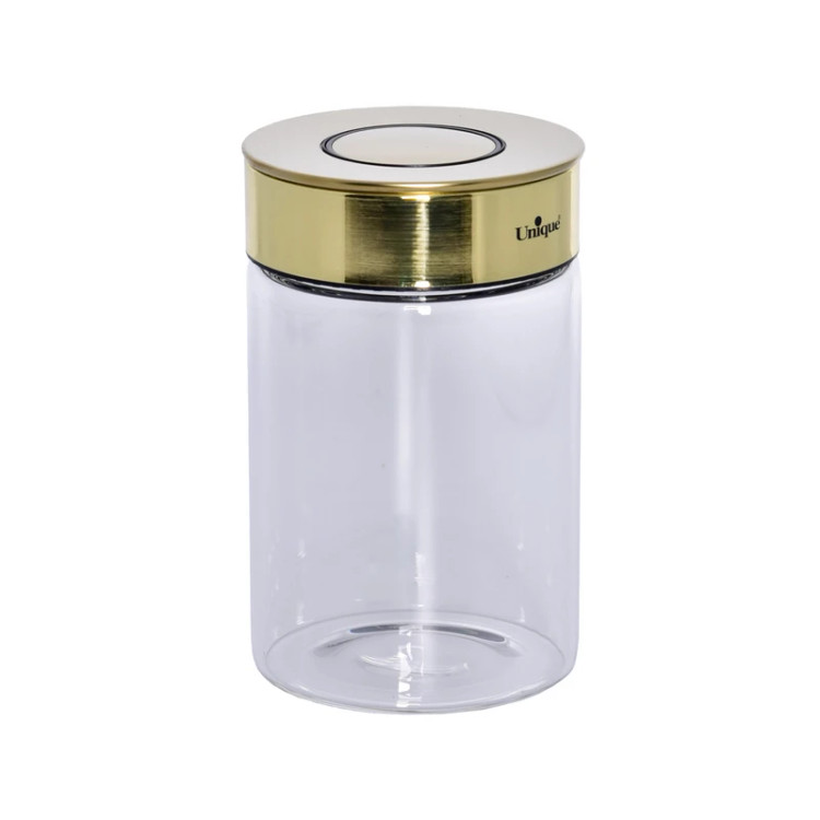 بانکه شیشهای یونیک مدل استوانهای کد UN‑1722 با درب طلایی و ارتفاع ۱۵ سانتیمتر، مناسب نگهداری قهوه و مواد خشک.