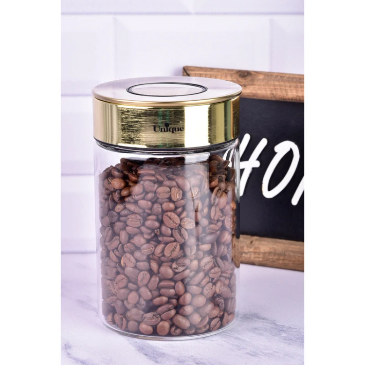 بانکه شیشهای یونیک مدل استوانهای کد UN‑1722 با درب طلایی و ارتفاع ۱۵ سانتیمتر، مناسب نگهداری قهوه و مواد خشک.