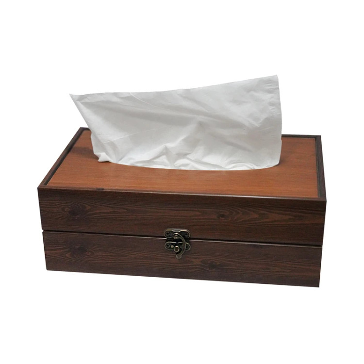 جعبه دستمال کاغذی مدل EF_09 با جنس چوب مصنوعی و قفل فلزی آنتیک، مناسب برای خانه و محل کار.