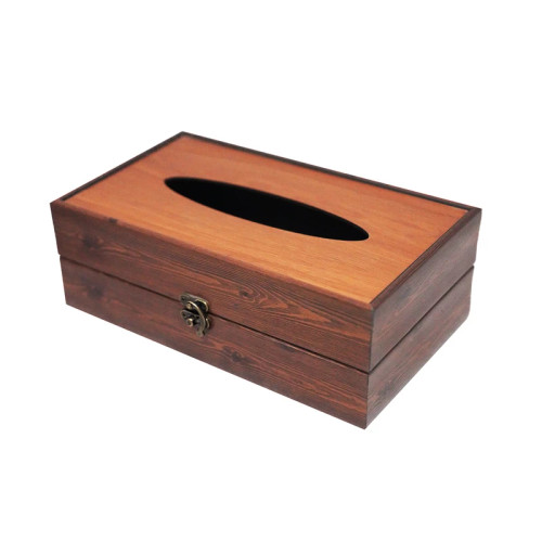 جعبه دستمال کاغذی مدل EF_09 با جنس چوب مصنوعی و قفل فلزی آنتیک، مناسب برای خانه و محل کار.