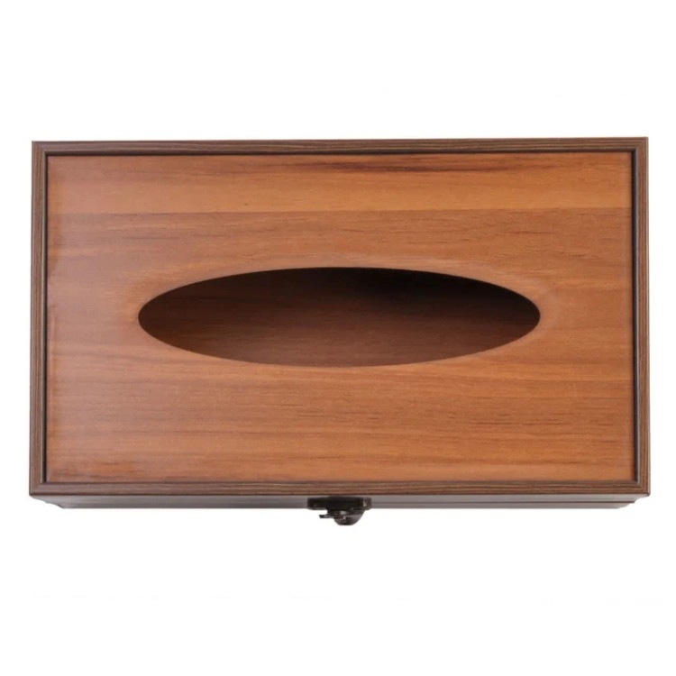 جعبه دستمال کاغذی مدل EF_09 با جنس چوب مصنوعی و قفل فلزی آنتیک، مناسب برای خانه و محل کار.