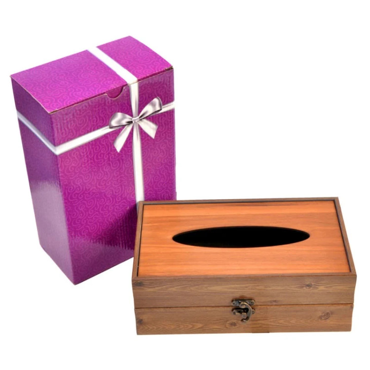 جعبه دستمال کاغذی مدل EF_09 با جنس چوب مصنوعی و قفل فلزی آنتیک، مناسب برای خانه و محل کار.