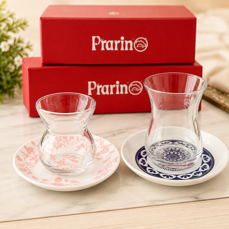 ست 12 پارچه استکان و نعلبکی پرارین (Prarin) با نعلبکی طرحدار