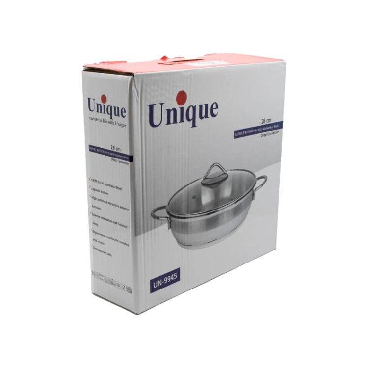 تابه دودسته دربدار استیل یونیک (Unique) مدل UN-9945 سایز ۲۸ سانتیمتر