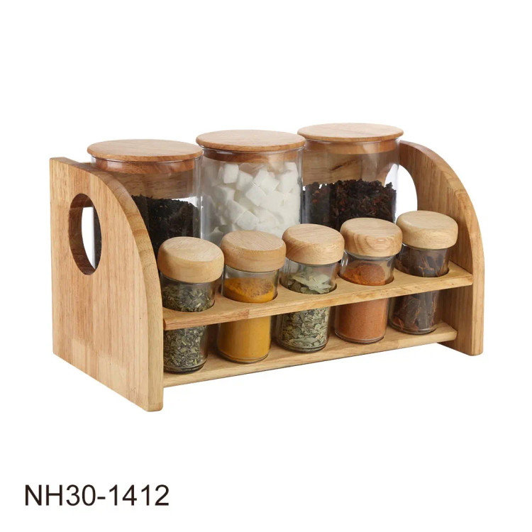 سرویس ۸ پارچه بانکه پاسماوری و جا ادویه شیشهای نیوهوم با استند چوبی - کد NH30-1412